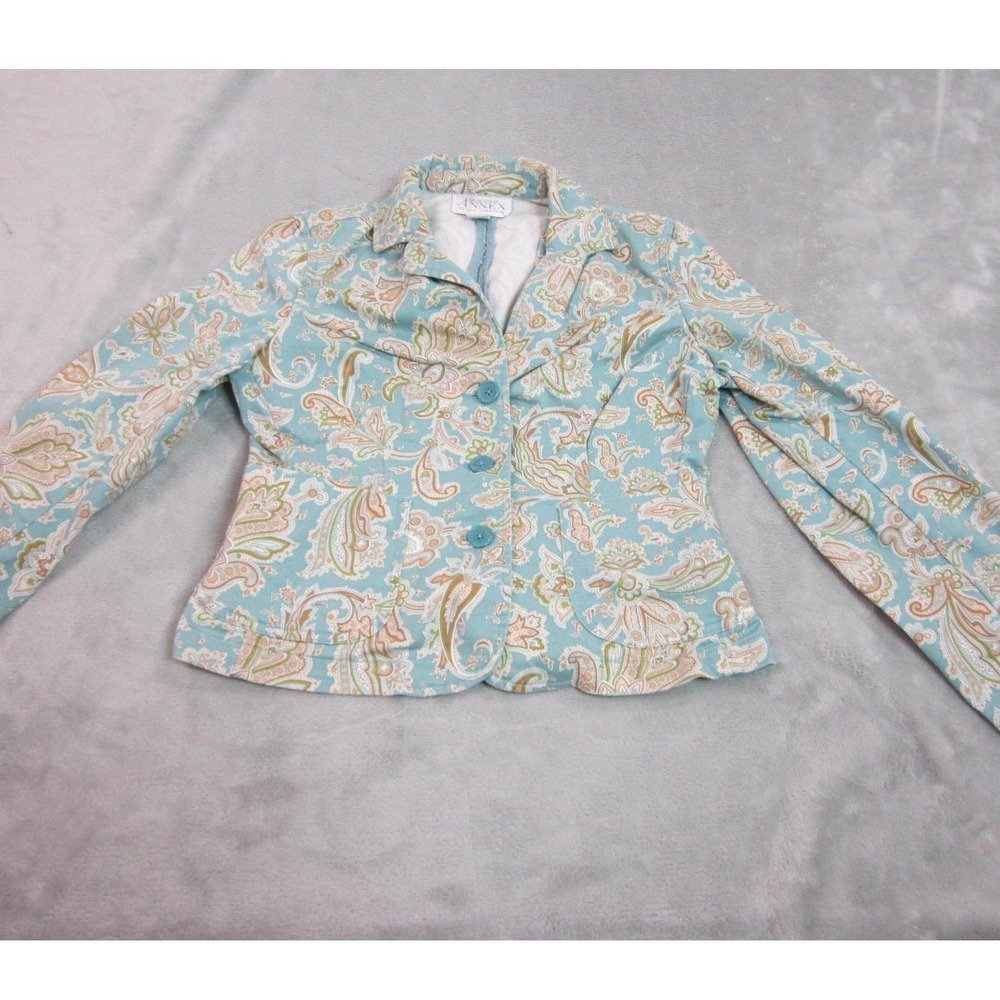 Casual Corner Annex Blazer Womens Petite Blue Paisley Stretch Career Boho